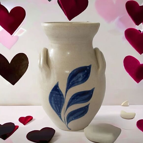 Williamsburg Pottery Vase Two Handled  Blue Leaf Design Spring Summer Flowers. - Picture 1 of 16